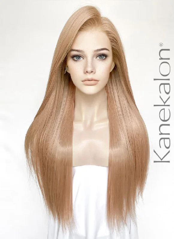 Lace wig with a platinum - blonde color for a bold and trendy lookPastel Peach Pink Straight Lace Front Kanekalon Synthetic Hair Wig LF3349