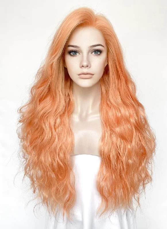 Full - lace wig with a natural - looking hairline for a seamless appearancePeach Pink Wavy Lace Front  Synthetic Hair Wig LFK5540