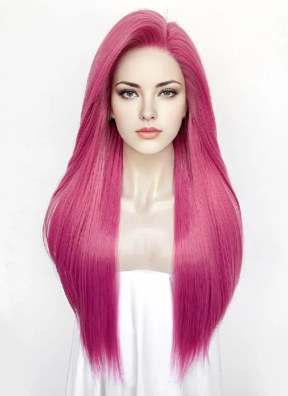 Lace wig with a natural - looking root for a more realistic lookHot Pink Straight Yaki Lace Front Synthetic Hair Wig LN6037