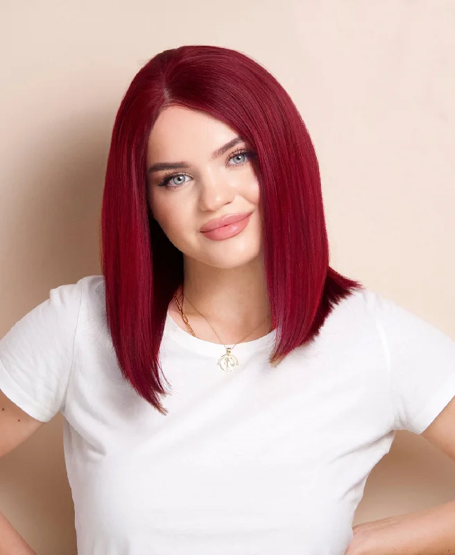 Lace wig with a side - part for a more flattering looklong bob human wig  - 12" cherry red.