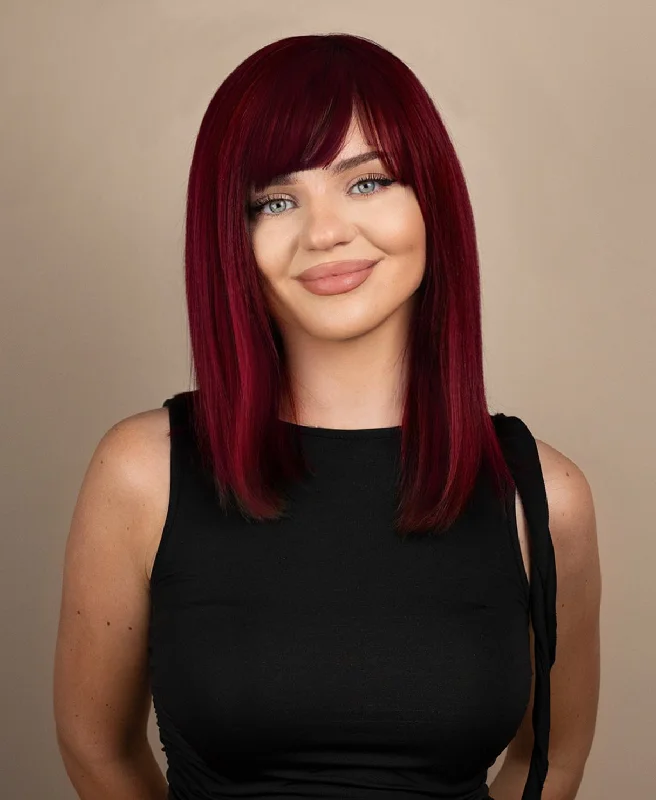 Full - lace wig with a natural - looking hairline for a seamless appearancelong bob with fringe human wig - 14" cherry red.