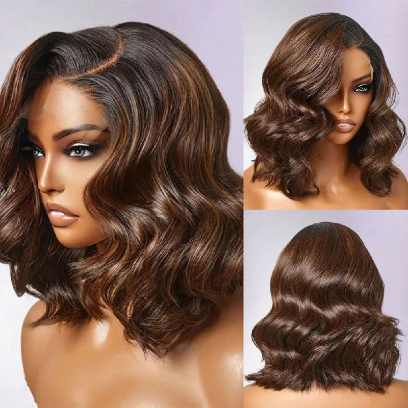 Colored wig with a side - swept bang for a sophisticated lookLuna 13x6 HD Lace Front Upgraded Hairline Pre-plucked Ombre Color Bob Wig - Wavy