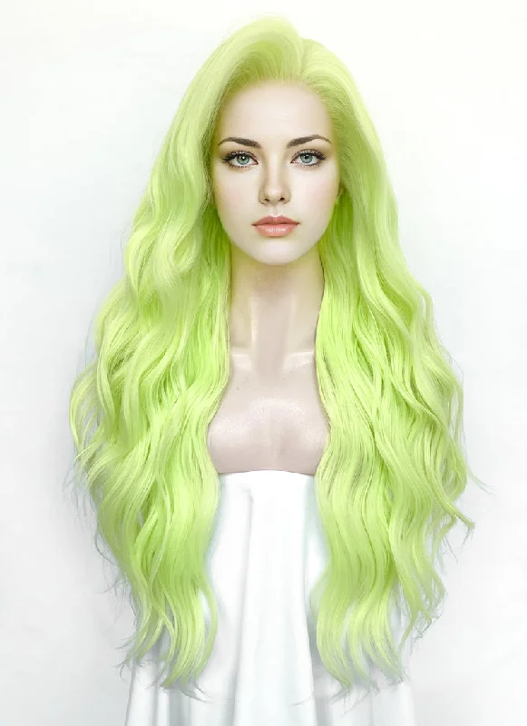 Lace wig with a curly texture for a bold and stylish choicePastel Chartreuse Wavy Lace Front Synthetic Hair Wig LW4044