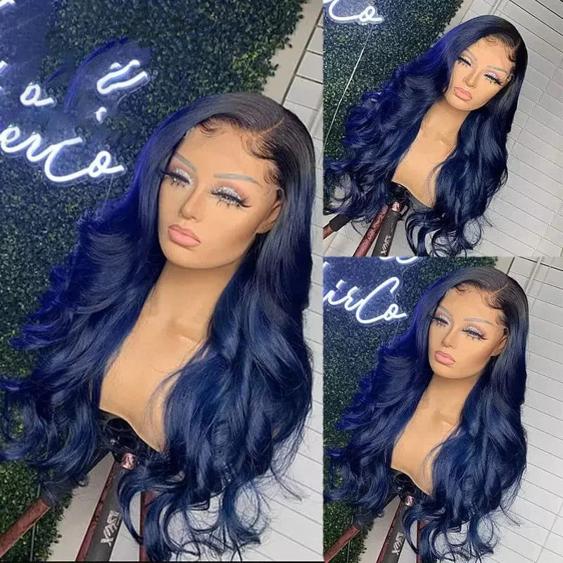 Colored wig with a silver - grey color for a trendy and cool - toned lookLyra 13x4 Transparent Lace Front Ombre Dark Blue Color Human Hair Wig - Body Wave