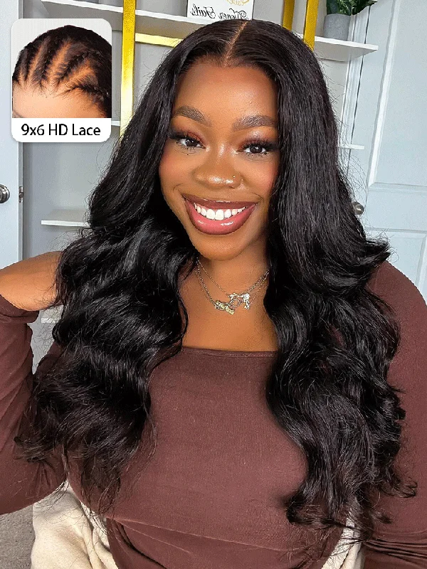 Lace wig with a pre - plucked hairline for a more natural lookCurlyMe 9x6 HD Lace M-cap Wear Go Glueless Mini Knots Body Wave Hair Pre-cut Lace Front Wig Pre-plucked