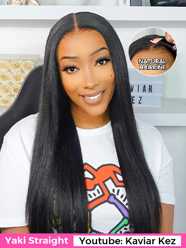 Lace wig with a pre - bleached knot for a natural - looking scalpCurlyMe Pre-cut 9x6 Lace M-cap Wear Go Glueless Mini Knots Light Yaki Straight Hair HD Lace Front Wig Pre-plucked