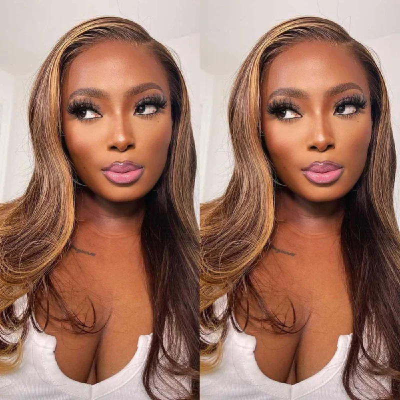 Colored wig with a wispy fringe for a soft and feminine lookMandison 13x6  Swiss HD Lace Front Upgraded Hairline Highlight Color Wig - Body Wave