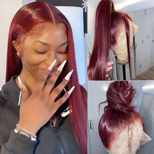 Colored wig in a vibrant pink color for a bold and eye - catching lookMIA 360 Transparent lace Preplucked Hairline Burgundy Color Human Hair Wig -  Body Wave