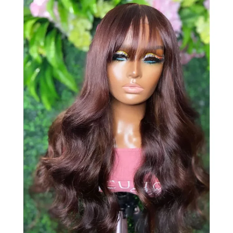 Colored wig with a silk - base cap for a comfortable and smooth feelMILLIE 13x4 Transparent Lace Front Brown Color Human Hair Wig - Body Wave with Bang