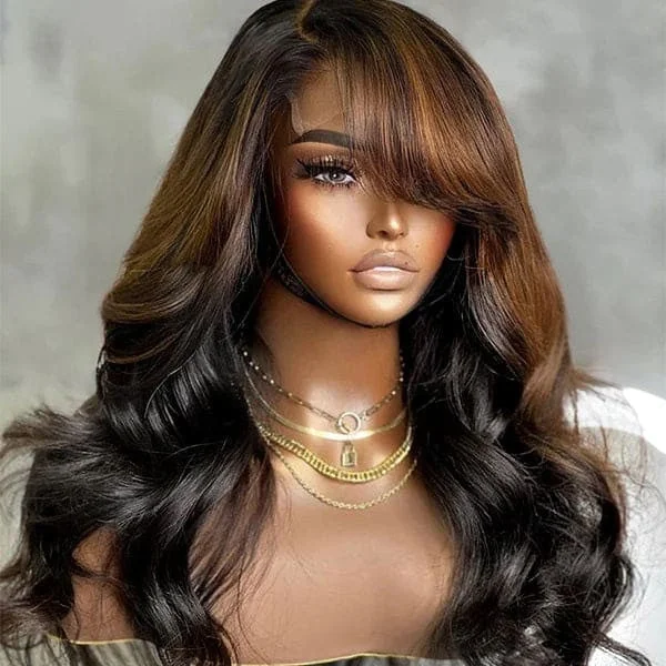 Colored wig with a pre - plucked hairline for a more natural lookNatasha 13x6 HD Swiss Lace Front Highlight Color Wig - Wavy with Bang