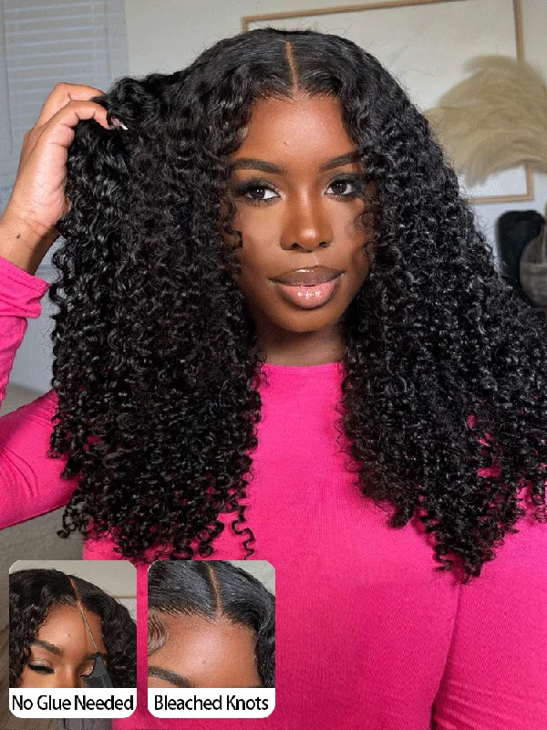 Lace wig with a wispy fringe for a soft and feminine lookCurlyMe Pre-bleached Knots Wear Go Glueless Wig Pre-cut 6x4 HD Lace Kinky Curly Human Hair