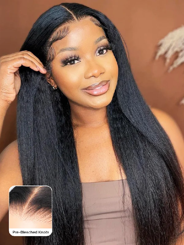 Lace wig with a wispy fringe for a soft and feminine lookCurlyMe Pre-bleached Light Yaki Straight Hair Wear Go Glueless Wig Pre-cut HD Lace Pre-plucked