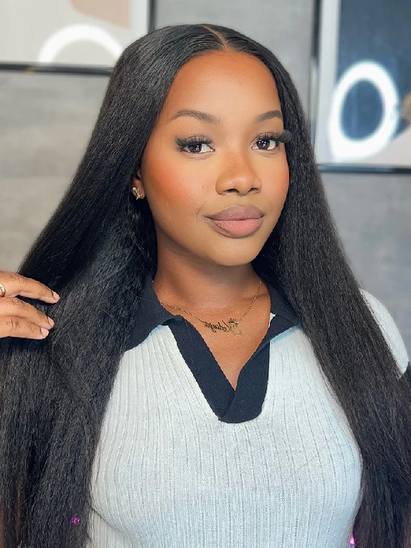 Lace wig with a silk - base cap for a comfortable and smooth feelCurlyMe Pre-bleached Yaki Straight Hair Wear Go Glueless Wig 7x5 Pre-cut HD Lace Pre-plucked