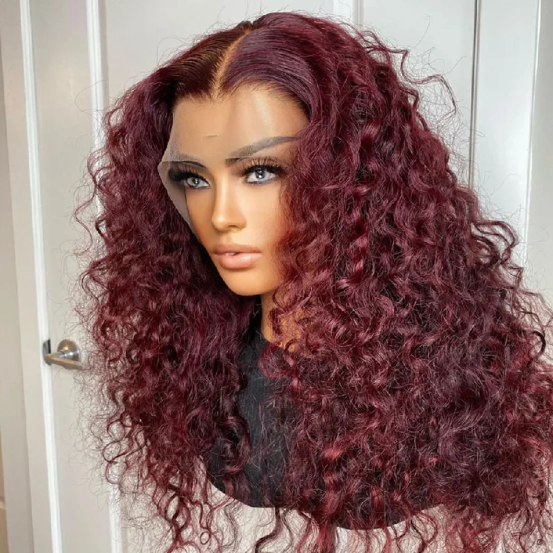 Colored wig with a silk - base cap for a comfortable and smooth feelReese 13x4 Transparent Lace Front Burgundy Red Color Preplucked  Human Hair Wig -  Water Wave