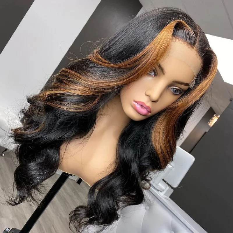 Colored wig with a red - orange hue for a warm and energetic lookRiley FAKE SCALP 13x4/13x6 Transparent Lace Highlight Color Human Hair Wig -  Body Wave