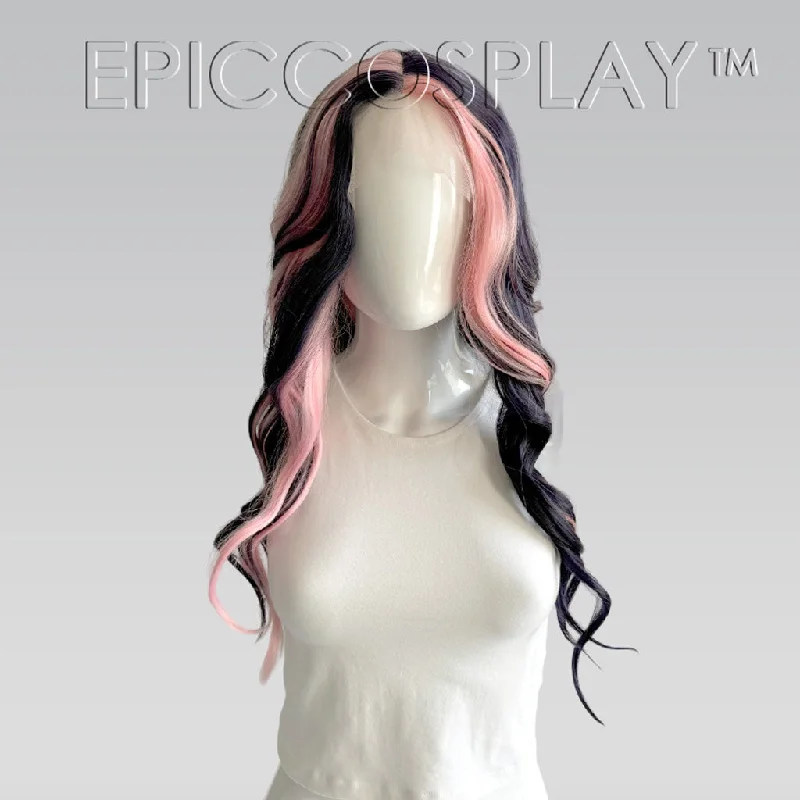 Human - hair lace wig for a luxurious and natural feelSignature - Black w/Dark Purple Curly Wig w/ Light Pink Bangs Wig