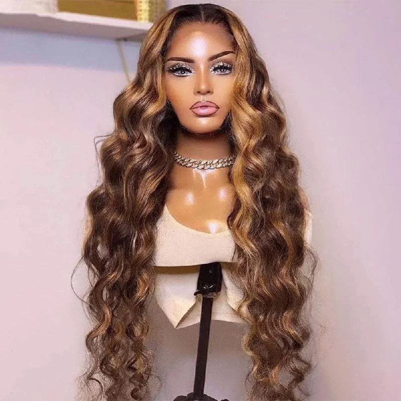 Colored wig with a curly texture for a bold and stylish choiceViona 13x6 Transparent Lace Front Blonde Highlight Color Preplucked Human Hair Wig - Body Wave