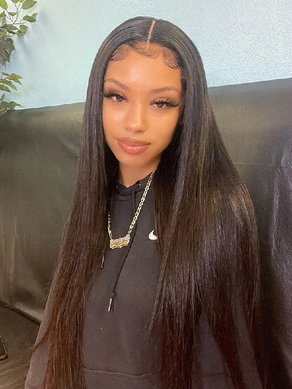 Lace wig with a wispy fringe for a soft and feminine lookCurlyMe Silky Straight Long Hair 13x6 Lace Front Wigs Pre Plucked Natural Hairline