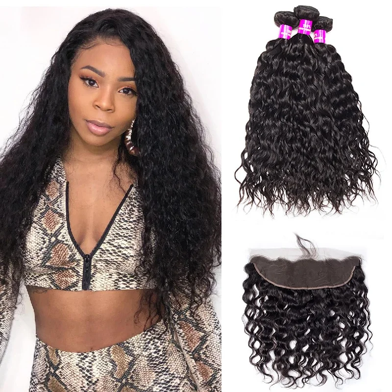 Adjustable - cap lace wig for a comfortable fitWater wave double weft virgin human hair 3 Bundles with HD Lace 13x4 13x6 lace frontal