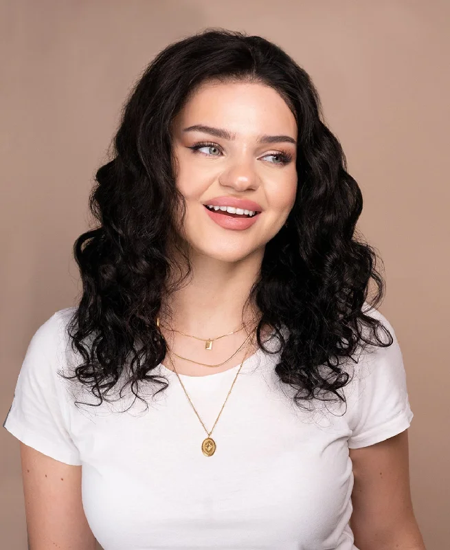 Lace wig with a straight texture for a sleek and minimalist lookput on & go pre-cut lace curly human wig - 18" natural black.