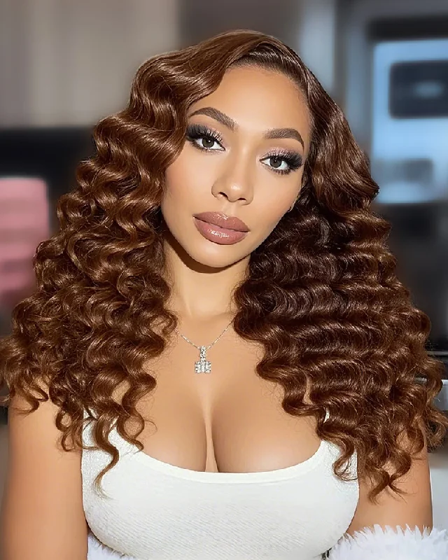 Full - lace wig with a natural - looking hairline for a seamless appearance13x4 Lace Dark Brown Colored Loose Wave Glueless Lace Wig Pre-Bleached Knots Human Hair