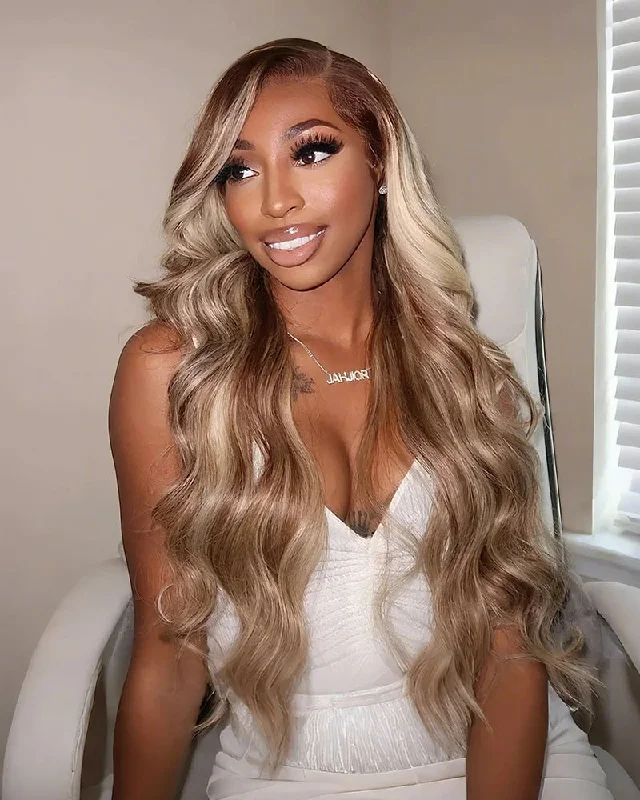 Lace wig with a wispy fringe for a soft and feminine look#P18/613 Blonde Highlight Color Blowout In Wavy 13x4 Lace Front Human Hair Wigs