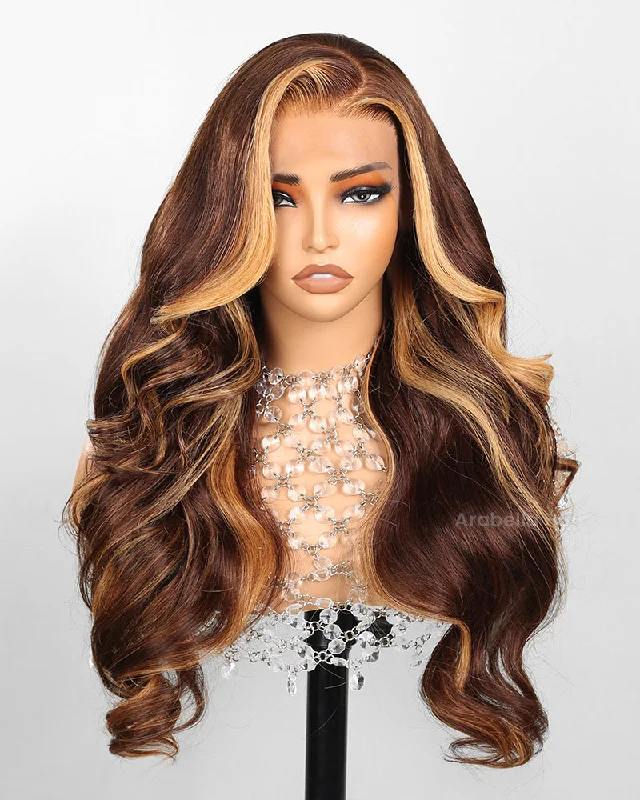 Lace wig with a pre - bleached knot for a natural - looking scalp13x4 Lace Frontal Highlight Brown Colored C-Part Design Loose Body Wave Human Hair Wig