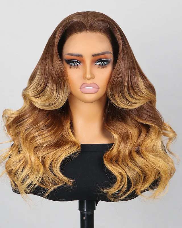 Lace wig with a 200 - density for a full and thick appearance13x4 Lace Frontal Sunrise Color Loose Body Wave Pre-Plucked Amber Blonde Ombre Colored Human Hair Wig