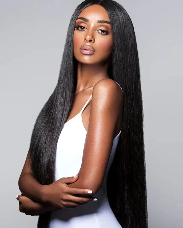 Lace wig with a straight texture for a sleek and minimalist look{ ARABELLA LUXURY} 6x5 Pre-Cut Glueless Lace 36 Inches Long Length Easy-Wear Straight Natural Black Human Hair Wig