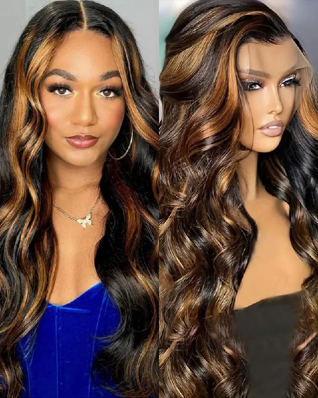 Lace wig with a 200 - density for a full and thick appearance360 Full Lace Frontal Body Wave Highlight #30 Colored Human Hair Wig