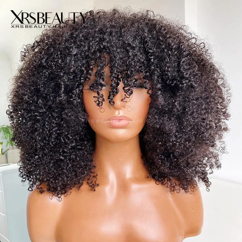 Lace wig with a side - swept bang for a sophisticated look13x4 Afro Kinky Curly Wig with Bangs 100% Human Hair Lace Front Wig [CFW86]