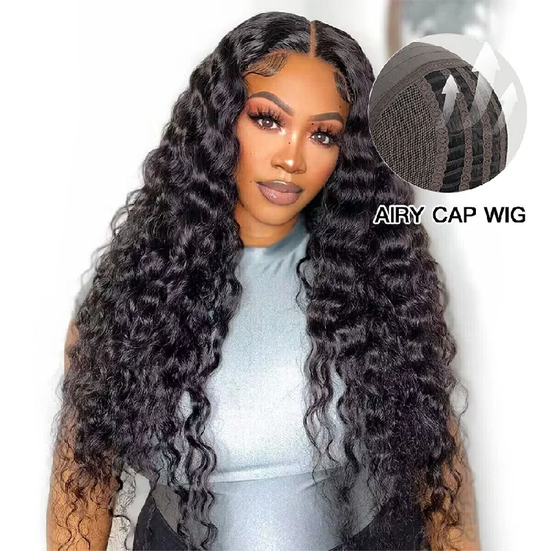 Lace wig with a wispy fringe for a soft and feminine lookAiry Cap | Pre Cut 7x5 HD Lace Loose Deep Wave Bleached Knots Wear Go Wig