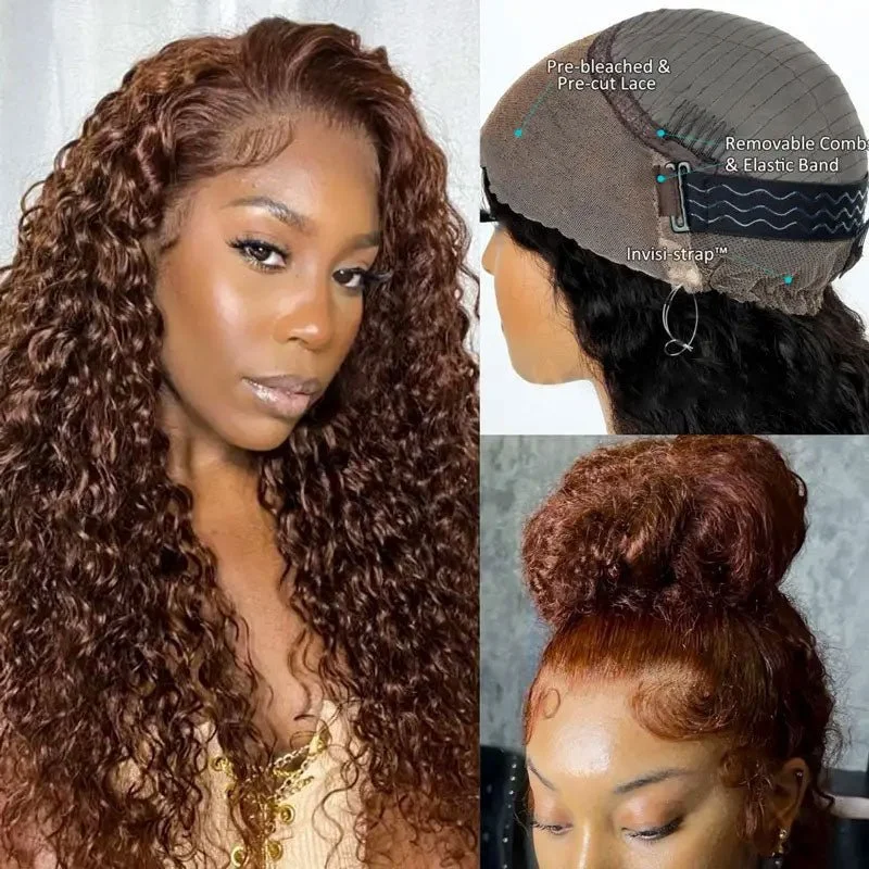 Colored wig in a vibrant pink color for a bold and eye - catching lookAlibonnie Chocolate Brown Invisible Strap Cozy Fit 360 Lace Water Wave Wigs With Bleached Knots