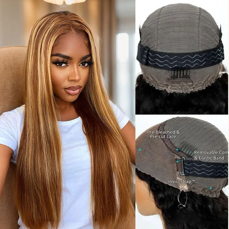 Colored wig with a middle - part for a classic and elegant styleAlibonnie Upgraded 4/27 Highlight Silky Straight Wigs Invisible Adjustable Strap Cozy Fit 360 Lace Wig With Bleached Knots 200% Density