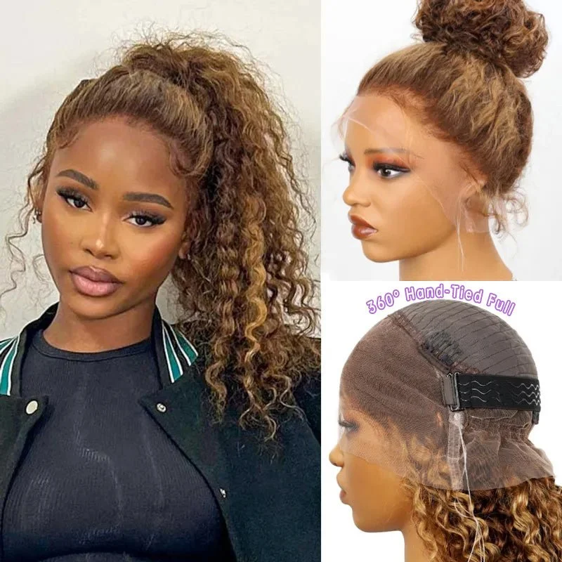 Colored wig with a curly texture for a bold and stylish choiceAlibonnie Upgraded 4/27 Highlight Water Wave Wigs Invisible Adjustable Strap Cozy Fit 360 Lace Wig With Bleached Knots 200% Density