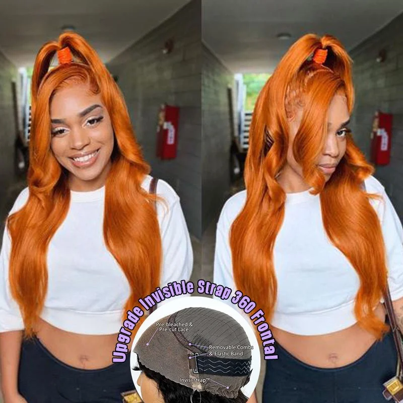 Colored wig with a straight texture for a sleek and minimalist lookAlibonnie Upgraded Ginger Color Wigs Invisible Adjustable Strap Cozy Fit 360 Lace Body Wave Wig With Bleached Knots