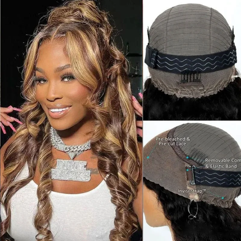 Colored wig with a purple - violet shade for a regal and elegant lookAlibonnie Upgraded Honey Blonde Highlight Body Wave Wigs Invisible Strap Cozy Fit 360 Lace Wig With Bleached Knots 200% Density