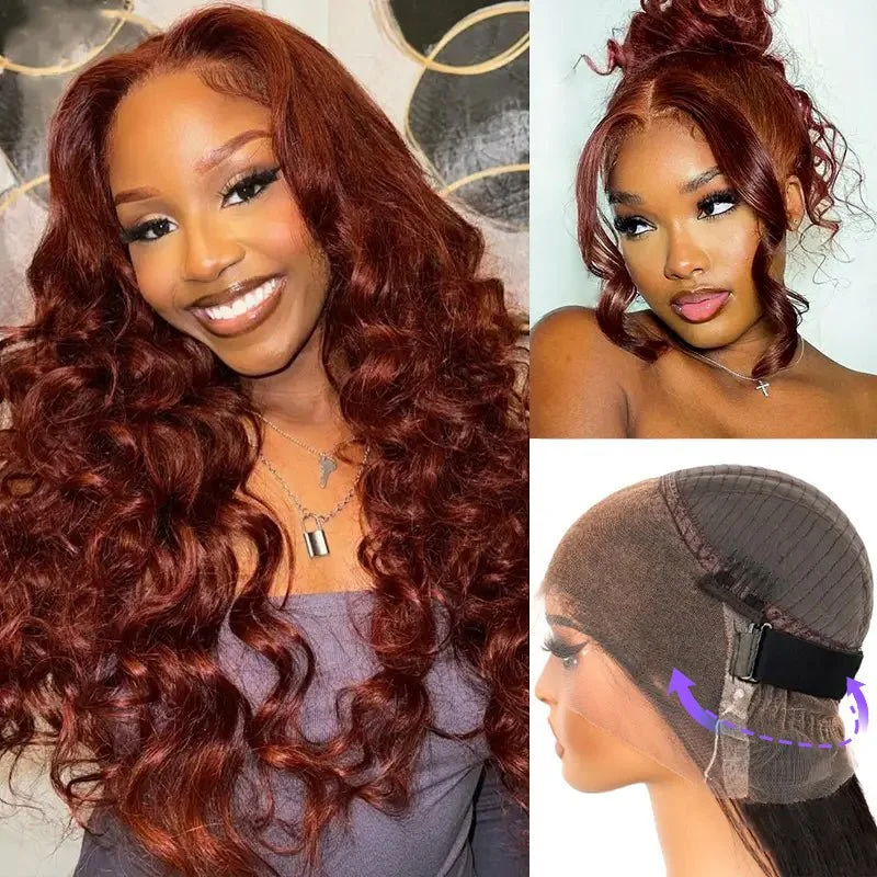 Colored wig with a side - part for a more flattering appearanceAlibonnie Upgraded Reddish Brown Body Wave Wig Invisible Strap Cozy Fit 360 Lace Wig With Bleached Knots 200% Density