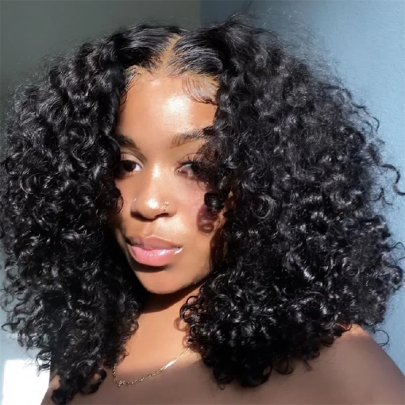 Lace wig with a straight texture for a sleek and minimalist lookBouncy Deep Curls Wig Shoulder Length 5x5 13x4 Glueless Lace Wigs