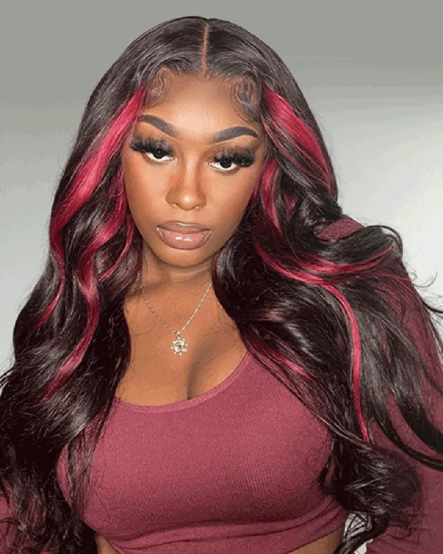 Lace wig with a curly texture for a bold and stylish choice13x4 Lace Front Body Wave Dark Burgundy Rose Red Highlights HD Lace Free Part Wig