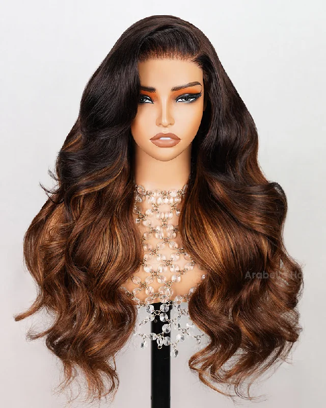 Lace wig with a pre - bleached knot for a natural - looking scalpGlueless 6x5 Pre-Cut Lace Chestnut Brown Ombre Colored Loose Body Wave Wig Pre-Plucked Human Hair Wig