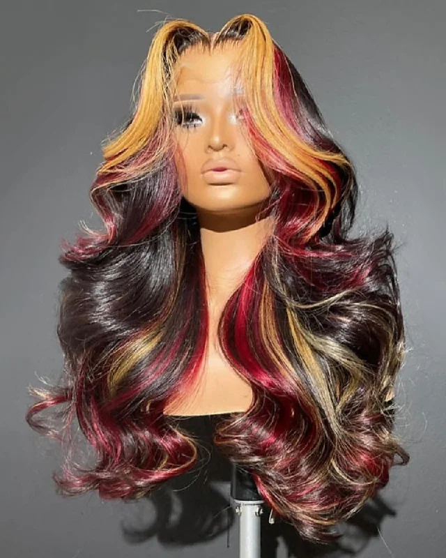 Adjustable - cap lace wig for a comfortable fit【Halloween Special】13x4 Lace Burgundy Ombre Red Skunk Stripe Body Wave Mix Highlight Colored Human Hair Wig