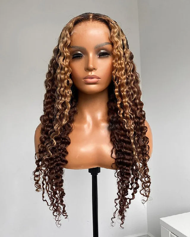 Lace wig with a platinum - blonde color for a bold and trendy lookGlueless Closure Lace Wavy Wig with Honey Blonde Piano Highlights Color Human Hair