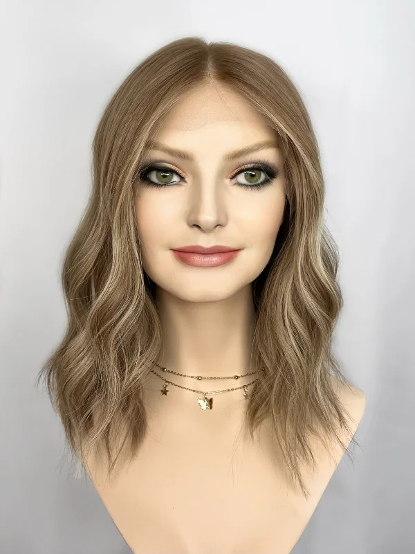 Ash - blonde bob wig for a trendy and cool - toned lookHighline Lace Top Wig, "Dark Blonde with Custom Root" (R1627)