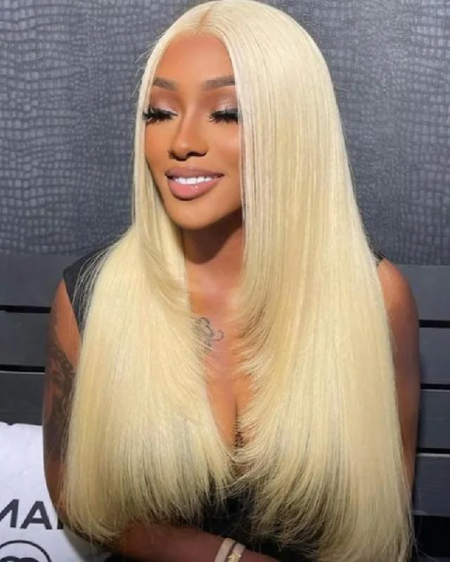 Lace wig with a curly texture for a bold and stylish choice【Limited Design】#613 Blonde Colored Glueless 6x5 Pre-Cut Lace Easy-Wear Straight Wig With Bleached Knots Human Hair Wigs