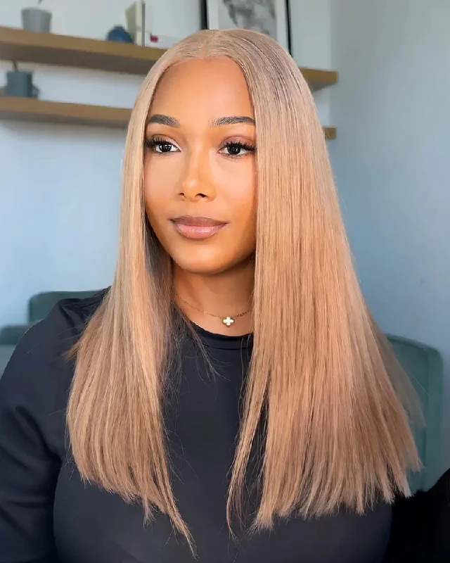 Lace wig with a wavy texture for a beachy look【Limited Design】Ash Honey Blonde Colored Easy-Wear Glueless 6x5 Pre-Cut Lace Straight Bob Wig With Bleached Knots Human Hair Wigs