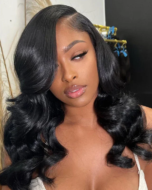 Lace wig with a side - part for a more flattering look【Limited Design】Glueless 6x5 Pre-Cut Lace Blowout In Wavy Wig Easy-Wear Natural Black Pre-Bleached Knots Human Hair Wigs