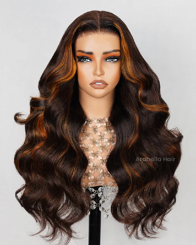 Lace wig with a natural - looking root for a more realistic lookMagic Wig Money Piece Highlight Colored Pre-Cut 6x5 Lace Glueless Loose Body Wave Multi-Style Human Hair Wig