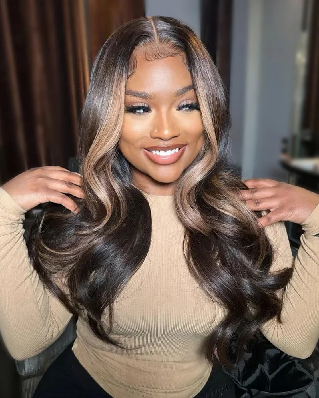 Lace wig with a pre - plucked hairline for a more natural look13x4 Lace Skunk Stripe Highlight in Chocolate Brown Color Glueless Human Hair Wig