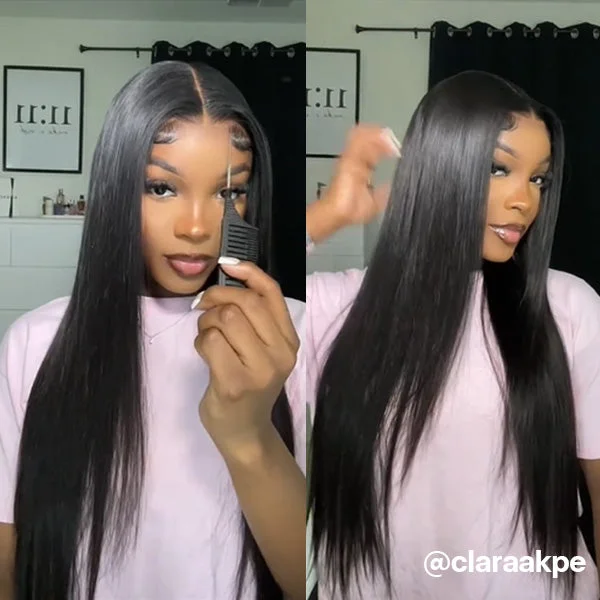 Lace wig with a middle - part for a classic and elegant stylePre-bleached Knots Straight Hair Pre Cut 6x5 HD Lace Wear Go Glueless Wig